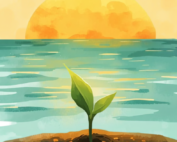 Watercolor sunrise over the ocean with a young green sprout growing in soil, symbolizing gradual healing.