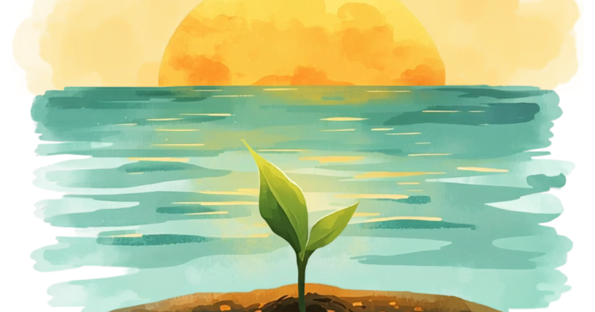 Watercolor sunrise over the ocean with a young green sprout growing in soil, symbolizing gradual healing.