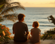 Parent and child talking together at sunset in Hawaii