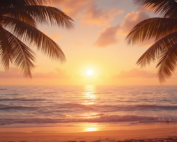 Warm Hawaiian sunset over calm ocean framed by palms