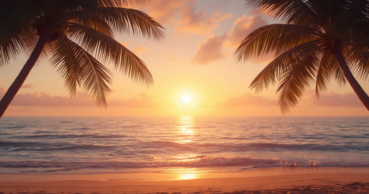 Warm Hawaiian sunset over calm ocean framed by palms